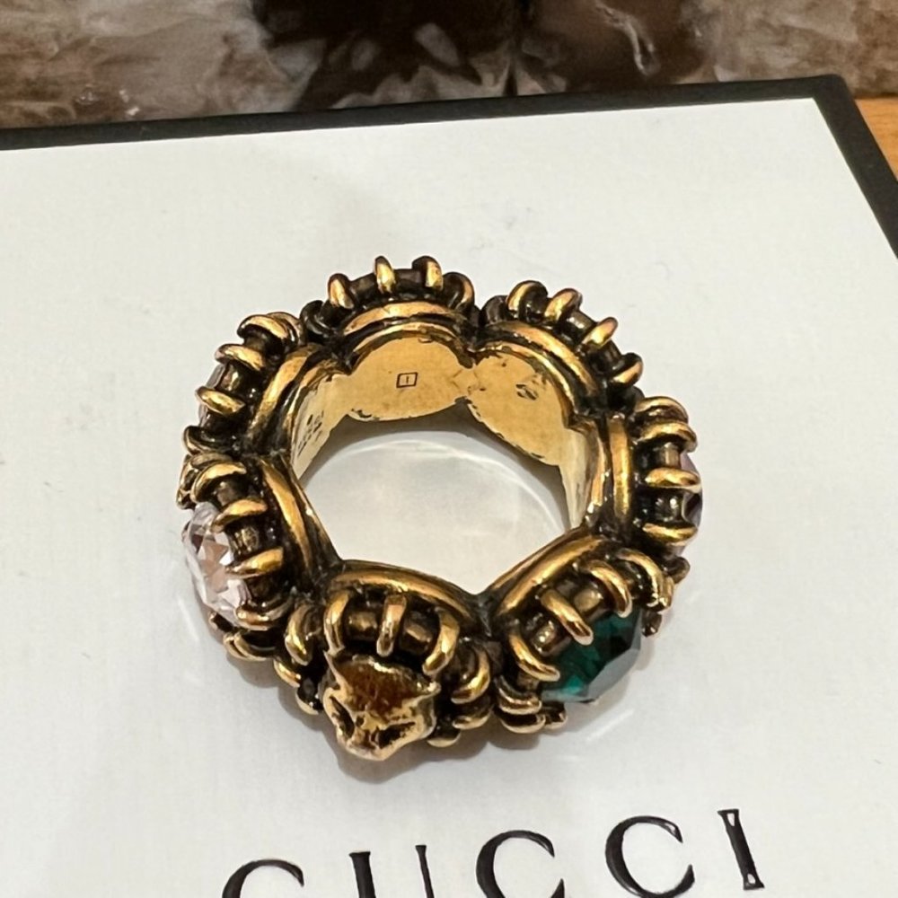 Gucci Aged Gold Tiger Head Multicolor Stones Infinity Stones Thanos Ring - Picture 7 of 15